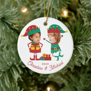 Personalised Funny Face Photo Christmas Elf Family Ceramic Tree Decoration
