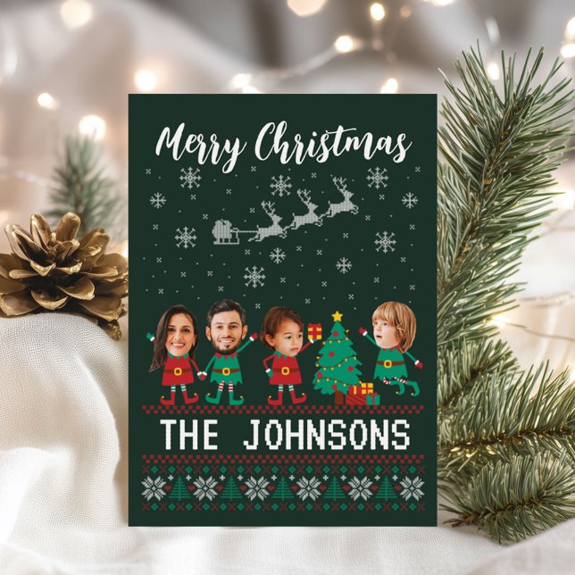 Personalised Funny Face Photo Christmas Elf Family Holiday Card (Creator Uploaded)