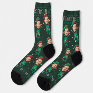 Personalised Funny Face Photo Christmas Elf Family Socks