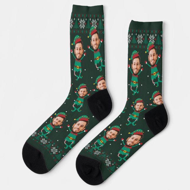 Personalised Funny Face Photo Christmas Elf Family Socks (Left)