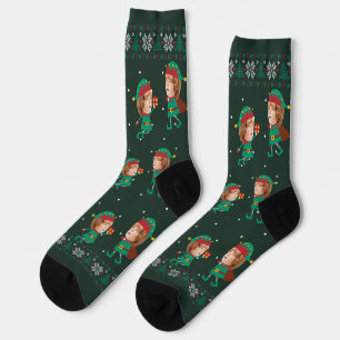 Personalised Funny Face Photo Christmas Elf Family Socks