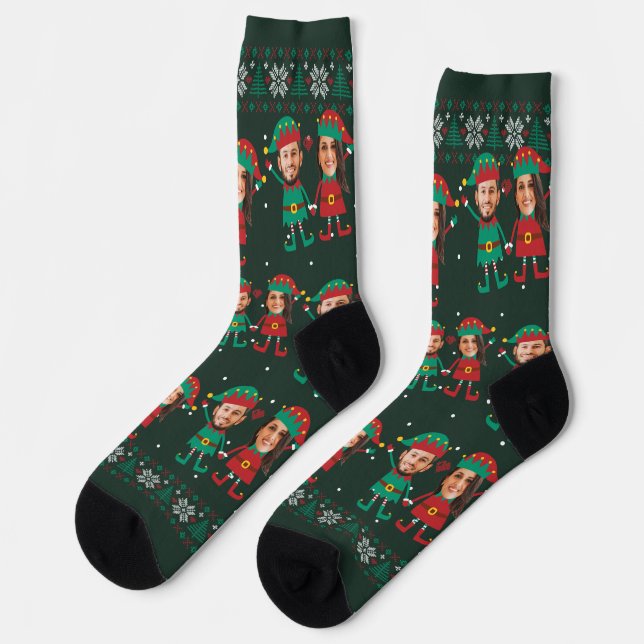 Personalised Funny Face Photo Christmas Elf Family Socks (Left)