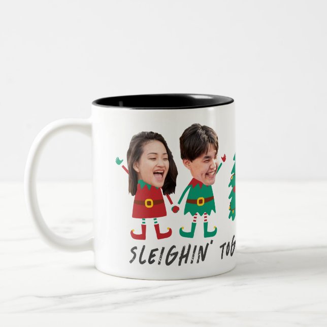 Personalised Funny Face Photo Christmas Elf Two-Tone Coffee Mug (Left)