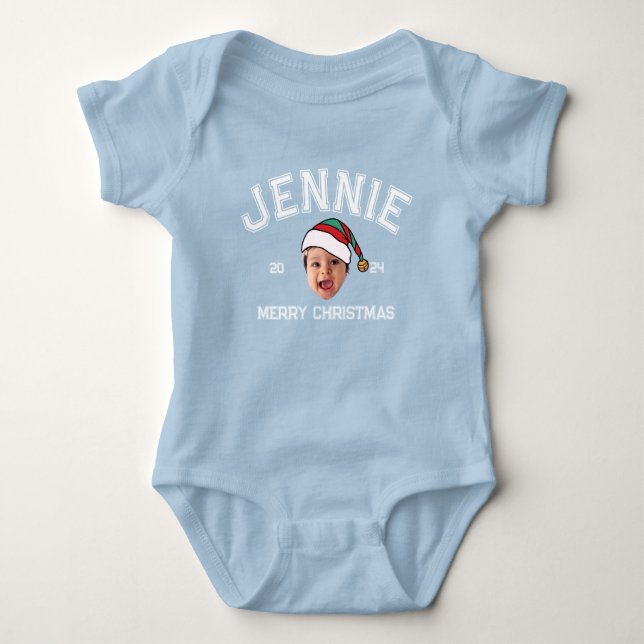 Personalised Funny Face Photo Santa Hat Christmas Baby Bodysuit (Front)
