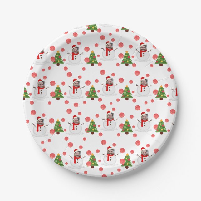 Personalised funny face photo snowman paper plate (Front)