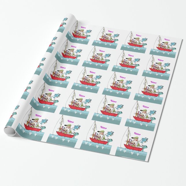 Personalised Funny Fishing Cartoon Wrapping Paper (Unrolled)