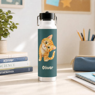 Personalised Funny Orange Cat Dark Teal Water Bottle