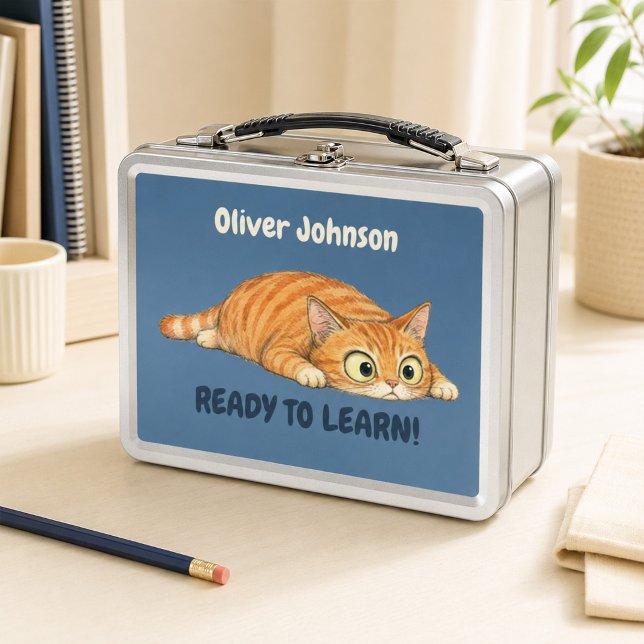 Personalised Funny Orange Cat Denim Blue Metal  Lunch Box (Personalized Funny Orange Cat Denim Blue Metal Lunch Box)