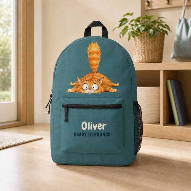 Personalised Funny Orange Cat Petrol Blue Boys  Printed Backpack (Personalized Funny Orange Cat Petrol Blue Boys Printed Backpack)