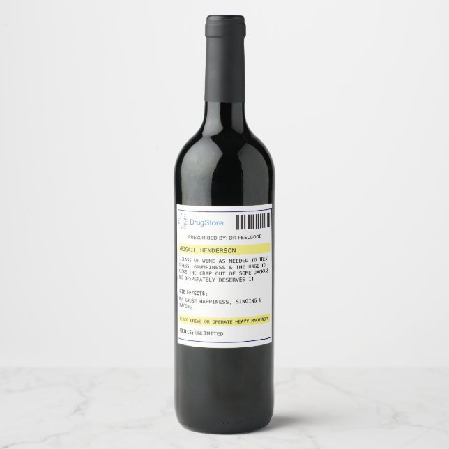 Personalised funny prescription wine label (Front)
