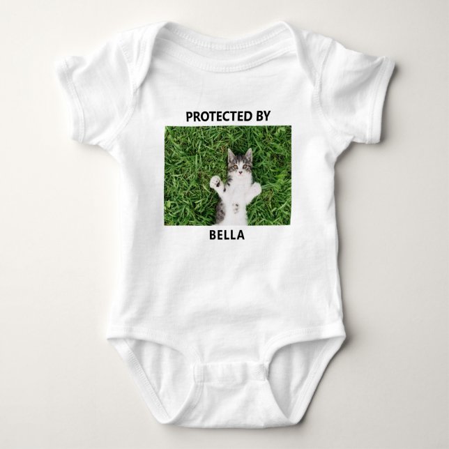 Personalised Funny Protected By Cat Photo Baby Bodysuit (Front)