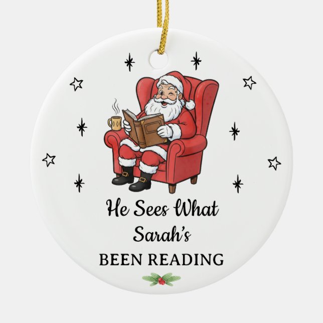 Personalised Funny Santa Book Lover Christmas Ceramic Tree Decoration (Front)