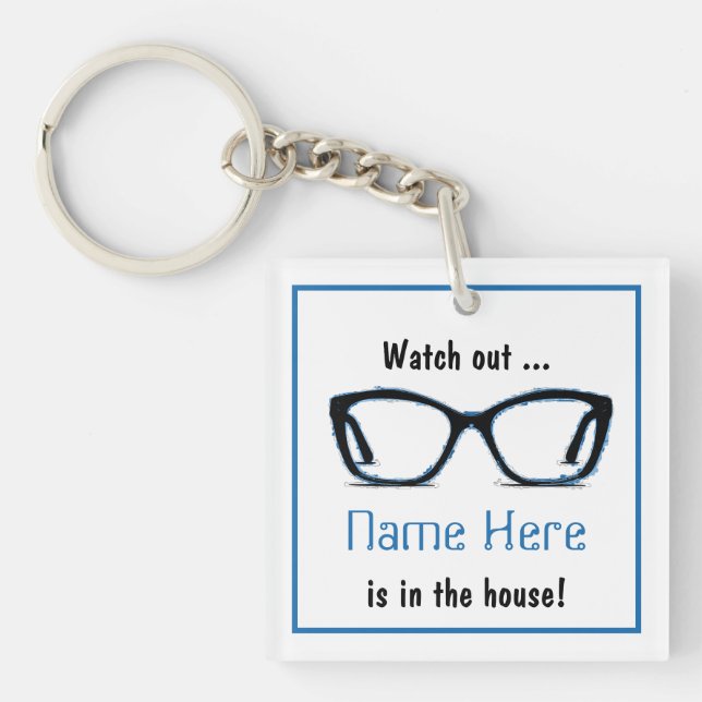Personalised Funny "Watch out" Black Spectacle Art Key Ring (Front)