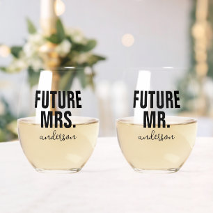 Personalised Future Mr and Mrs Name Wedding  Stemless Wine Glass