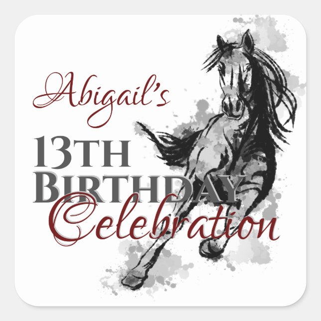 Personalised Galloping Horse Sketch Birthday Square Sticker (Front)