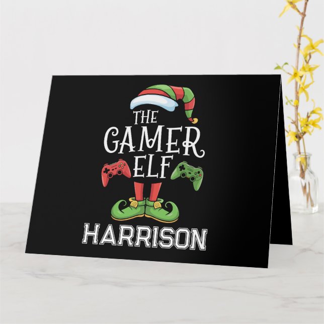 Personalised Gamer Elf Christmas Video Gaming  Card (Yellow Flower)