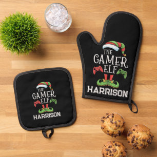 Personalised Gamer Elf Christmas Video Gaming  Oven Mitt & Pot Holder Set
