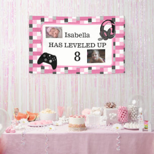 Personalised Gaming Themed Pink Birthday   Banner