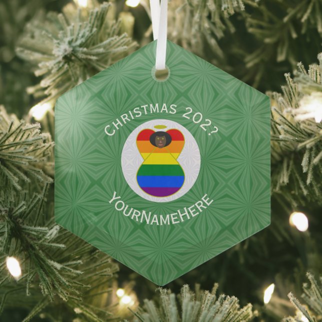 Personalised Gay Pride Black Angel Flag Christmas Glass Tree Decoration (Insitu)