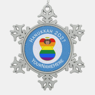 Personalised Gay Pride Brown Angel Hanukkah Flag Snowflake Pewter Christmas Ornament