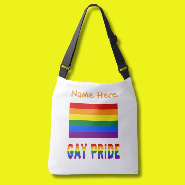 Personalised Gay Pride Rainbow Crossbody Bag (Crossbody bag with Gay Pride Rainbow Flag and the words GAY PRIDE below. Above add a name in orange )