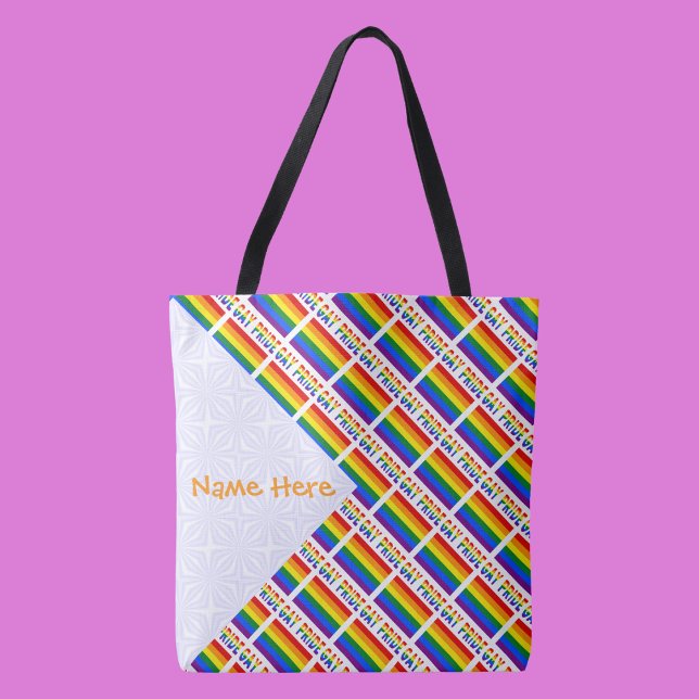 Personalised Gay Pride Rainbow Tiled Shoulder  Tote Bag (Tote bag has tiled Gay Pride Rainbow flag with words GAY PRIDE below. White space to add a name.)