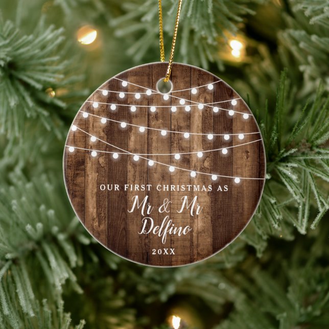 Personalised Gay Wedding Rustic Wood String Lights Ceramic Tree Decoration (Tree)
