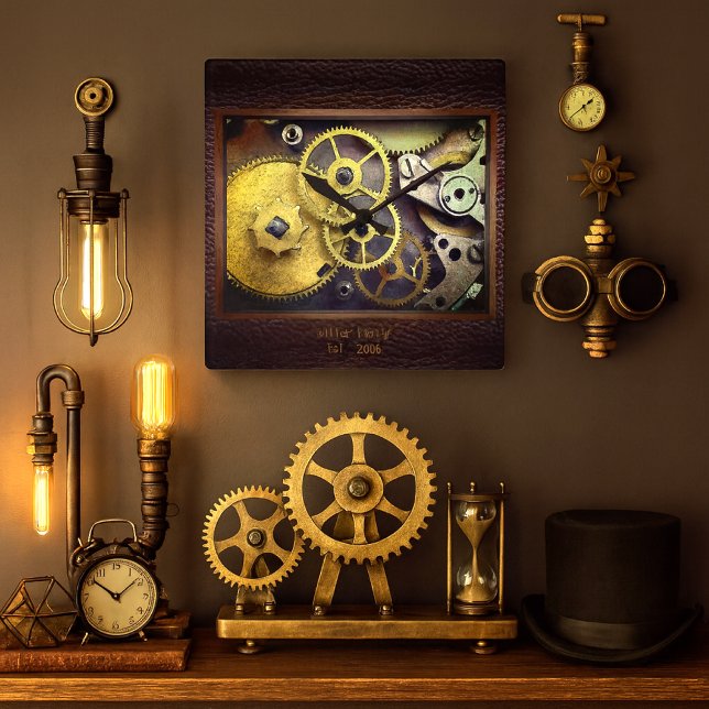 Personalised Gears with Leather Wall Clock (Steampunk gear wall clock with personalized family name and date industrial  vintage elegance)