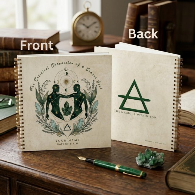 Personalised Gemini Emerald & Gold Zodiac Gift  Notebook (Gemini Zodiac NotebookGift:
Emerald twins silhouette,
Lily of the Valley
& "Magic is Within" mantra.)
