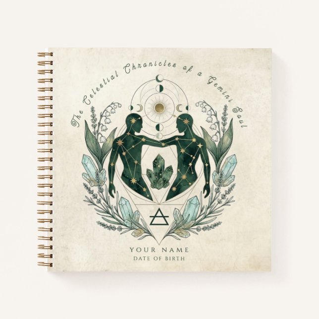 Personalised Gemini Emerald & Gold Zodiac Gift  Notebook (Front)