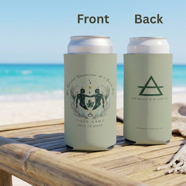 Personalised Gemini Sage Green Zodiac Gift Seltzer Can Cooler (Sage Green Gemini Can Cooler: Emerald twins, gold stars, June birth flower and spiritual mantra.
)