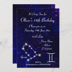 Personalised Gemini Zodiac Galaxy Party Invitation