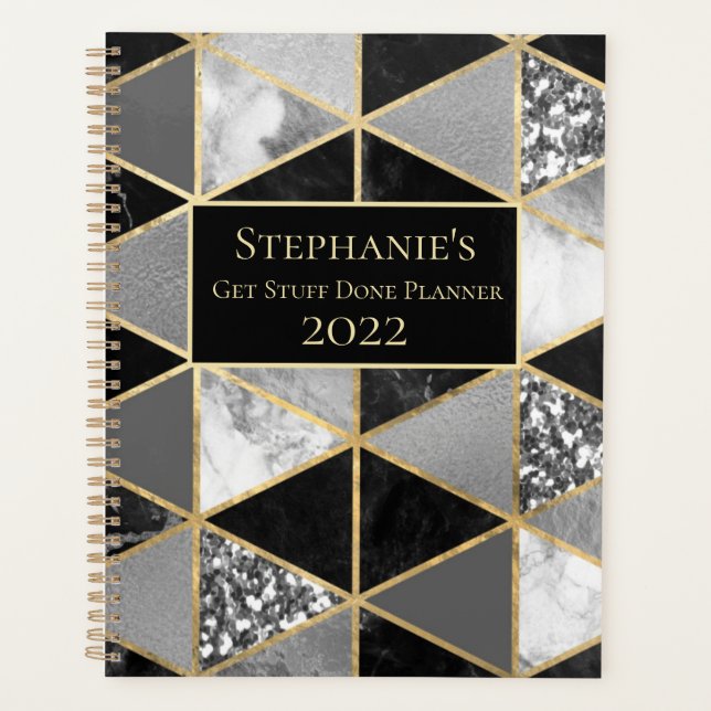 Personalised Geometric Black and White Marble  Planner (Front)