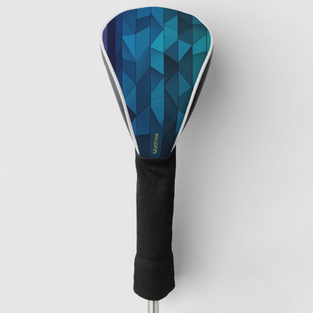 Personalised Geometric Blue and Teal Pattern Golf Head Cover (Front)