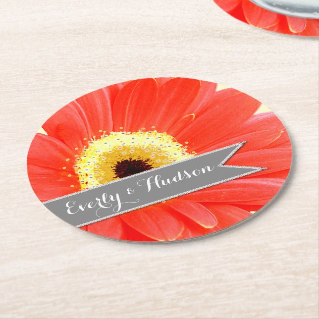 Personalised Gerber Coral Yellow Grey Floral Round Paper Coaster (Angled)