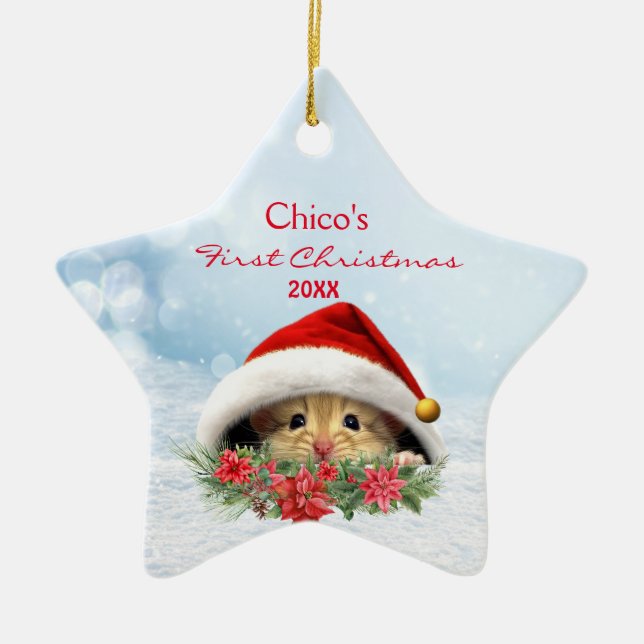 Personalised Gerbil Hamster in Santa Hat Christmas Ceramic Tree Decoration (Front)