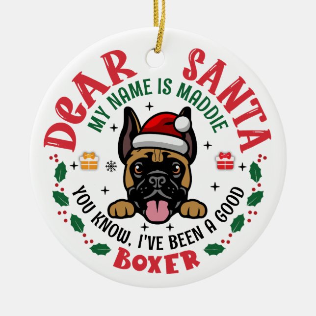 Personalised German Boxer Dog Christmas Tree Round Ceramic Tree Decoration (Front)