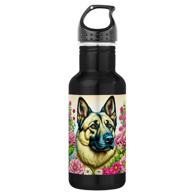 Personalised German Shepherd and Whimsical Flowers 532 Ml Water Bottle (Front)