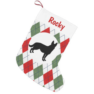 Personalised German Shepherd Red And Green Argyle Small Christmas Stocking