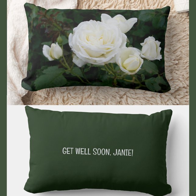 Personalised Get Well Soon Coworker Friend Roses Lumbar Cushion (Modern, elegant Get Well Soon personalized name accent pillow coworker. Photo of cream white roses)