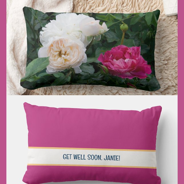 Personalised Get Well Soon Coworker Friend Roses  Lumbar Cushion (Modern, elegant Get Well Soon personalized name accent pillow. Photo of cream & streaked pink roses)