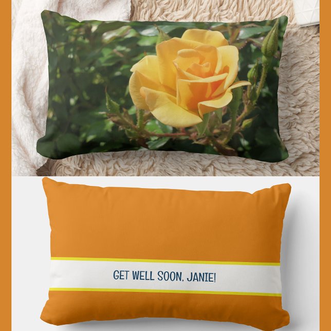 Personalised Get Well Soon Coworker Yellow Rose  Lumbar Cushion (Modern, elegant Get Well Soon personalized name accent pillow coworker friend. Photo of  yellow rose)
