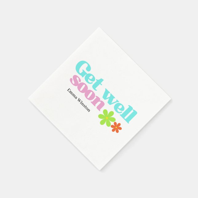 Personalised get well soon message floral white napkin (Corner)