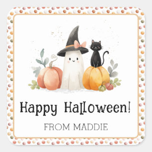 Personalised Ghost and Black Cat Halloween Square Sticker