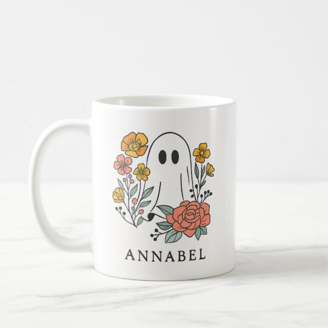 Personalised Ghost Floral Mug – Cute Halloween (Left)