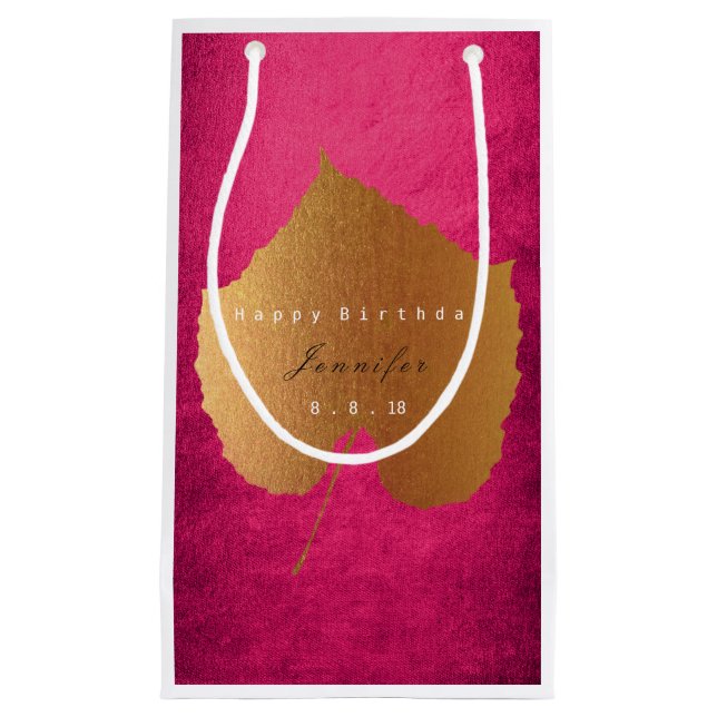 Personalised Gift Bag Fall Gold Leave Raspberry (Front)