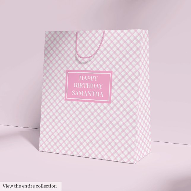 Personalised Gift Bag Pink Plaid Birthday Accent (Personalized Gift Bag Pink Plaid Birthday Accent)
