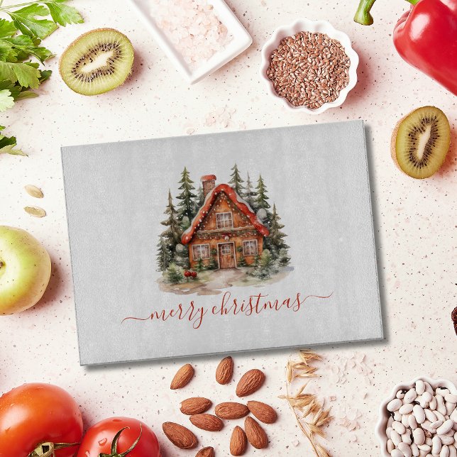 Personalised Gingerbread House Christmas Holiday Cutting Board (Gingerbread in winter scene House Merry Christmas Personalized Cutting board. Rectangle and Circle)