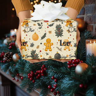Personalised Gingerbread & Snowman Christmas Patte Wrapping Paper