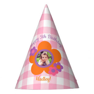 Personalised Gingham and Flowers Photo Party Hat
